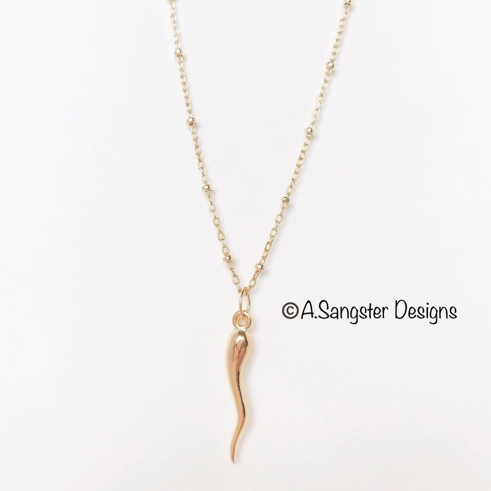30” Dainty 14k Gold Filled Italian Horn Necklace Gem